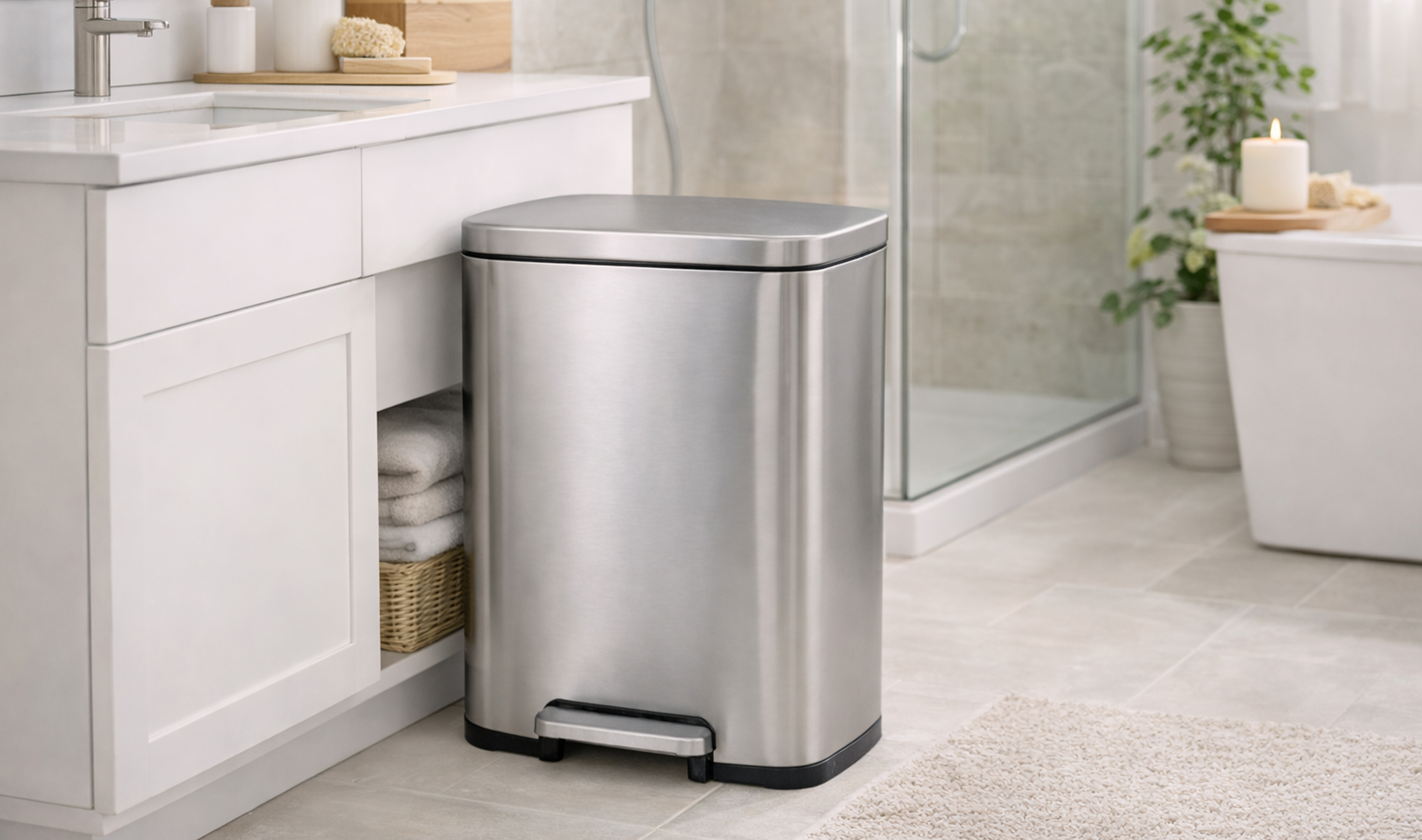 Stainless steel step trash can beside a white bathroom vanity, with a glass shower and bathtub in the background.